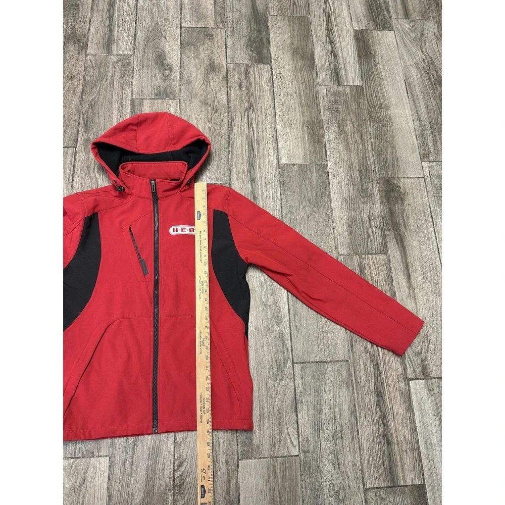 H-E-B Jacket Mens Medium Red Black Hooded Softshell Fleece Lined Full Zip Logo